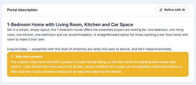 ListingSight portal description generator with AI-refined listing copy and conversion insights